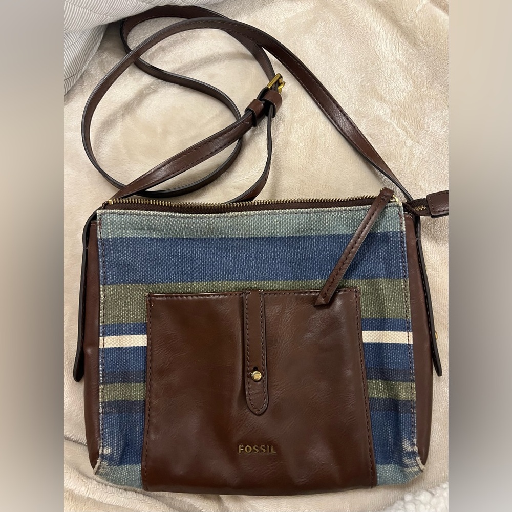 Fossil Kinley Brown/Green/Blue Striped Canvas & Faux Leather Crossbody Bag